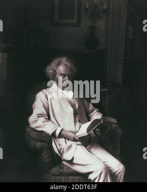 Retro-Foto von Mark Twain Samuel Langhorne Clemens (1835 – 1910), bekannt unter seinem Künstlernamen Mark Twain, war ein amerikanischer Schriftsteller, Humorist, Unternehmer, pu Stockfoto