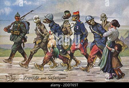 Deutsch sarkastisches Propagandaplakat aus der Zeit des Ersten Weltkriegs. Gefangen und gefangen. 1914-1918 Stockfoto