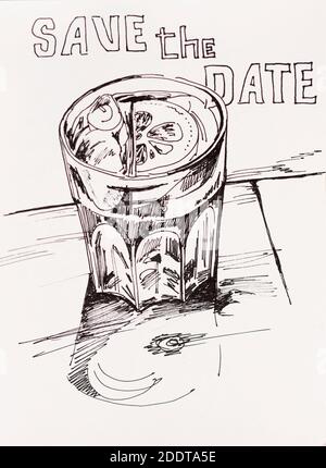 Kunstkonzept der Happy Hour Spritz Cocktail Glas lineart Skizze Mit Smile und Text Save the date Stockfoto