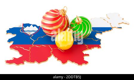 Slowenische Karte mit farbigen Weihnachtskugeln. Neujahr und Weihnachtsferien Konzept, 3D-Rendering isoliert auf weißem Hintergrund Stockfoto