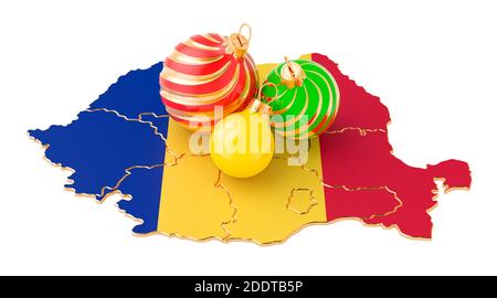 Rumänische Karte mit farbigen Weihnachtskugeln. Neujahr und Weihnachtsferien Konzept, 3D-Rendering isoliert auf weißem Hintergrund Stockfoto