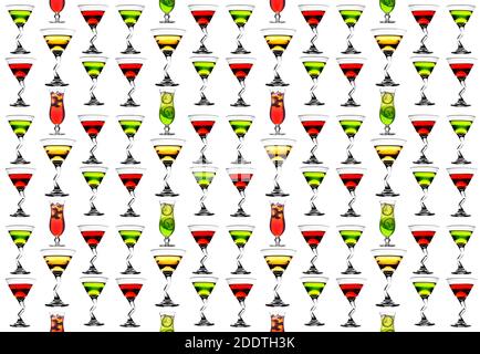 Set von mehrfarbigen Cocktails auf einem weißen Hintergrund isoliert Hintergrund. Nahtloses Muster. Originelles Verpackungsdesign Stockfoto