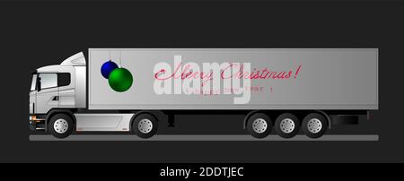 Ein europäischer LKW mit Auflieger trägt Geschenke zu Weihnachten und Neujahr. Vektorgrafik Stock Vektor