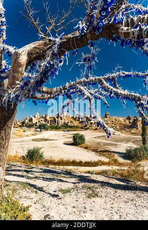 Die Zweige des alten Baumes mit bösen Auge Amulette Nazars, Goreme, Kappadokien, Türkei geschmückt. Stockfoto