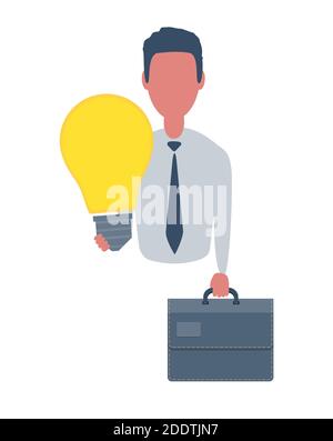Geschäftsmann oder Angestellter mit Koffer und Glühbirne. Männlicher Charakter im einfachen Stil, flache Vektorgrafik. Geschäftskonzept. Isoliert auf Weiß Stock Vektor