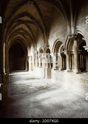 Spanien, Navarra, Carcastillo. Kloster La Oliva. Es wurde im 12. Jahrhundert von König Garcia Ramirez gegründet. Kreuzgang. Gotische Galerie des Klosters, neben dem Kapitelhaus. Stockfoto