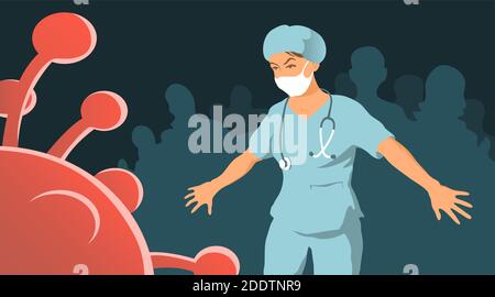 Ärztin rettet Menschen vor Coronavirus. Mutiger Held. Vektorgrafik Konzept. Stock Vektor