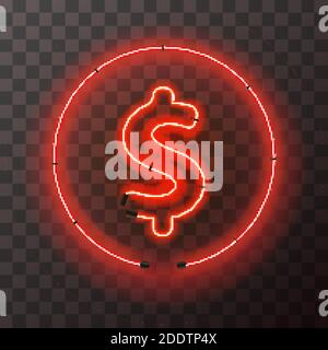 Leuchtendes rotes Neon-Dollar-Schild in rundem Rahmen auf Transparent Hintergrund Stock Vektor