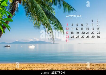 Kalender Januar 2021. Meer, Meer, Strand, tropisch, Naturthema. A2. 60 x 40 cm. 15.75 x 23.62 Zoll Stockfoto