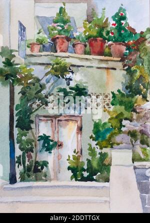 Kleiner östlicher Garten in der Nähe des Eingangs und Blumentöpfe auf dem Balkon Original Aquarellkunst Stockfoto