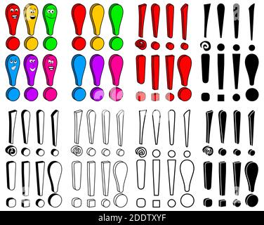 Ausrufezeichen-Vektorset isoliert auf weißem Hintergrund. Sammlung von Hinweiszeichen. Alarm, Warnung oder Vorsicht, Gefahrensymbol. Illustration der Warnung Sha Stock Vektor