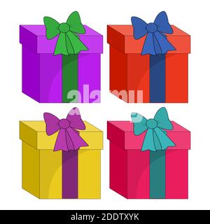 Weihnachts-Geschenkbox mit Schleife isoliert auf weiß. Sammlung von Geschenk-Boxen mit Band. Cartoon Weihnachten bunte Symbole Illustration. EPS 10 Design el Stock Vektor