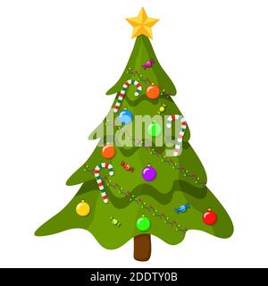 Weihnachtsbaum mit Ornamenten. Cartoon-Illustration isoliert auf weißem Hintergrund. Vector Tannenbaum mit hängenden Weihnachten Dekorationen.Moderne Urlaub evergre Stock Vektor