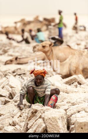 Salzbergarbeiter arbeiten in der Danakil Depression Salzfelder in Die Afar-Region Nordäthiopiens Stockfoto