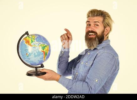 Agiles Geschäft. Zurück zur Schule. Reife geographische Lehrer. Reisen und Urlaub. Weltweites Netzwerk. Vertreten globale Technologien. Speichern Sie den Planeten. Mann mit Globus. Tag der Erde. Wählen Sie Ziel. Stockfoto