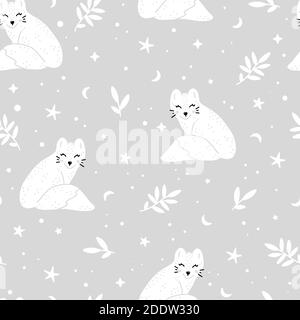 Niedliches Kinderzimmer-Muster mit Fuchs, Mond, Sternen und Schneeflocken. Winter handgezeichnete Vektor-Illustration im skandinavischen Stil. Stock Vektor