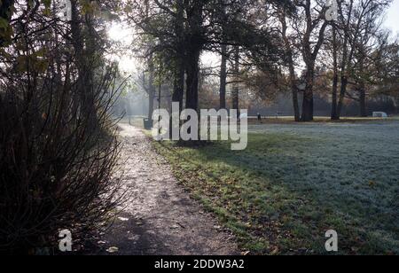 Priory Pools an einem frostigen Novembermorgen, Warwick, Warwickshire, England, Großbritannien Stockfoto