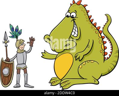 Cartoon humorvolle Illustration von Drachen und Ritter mit einem freundlichen Sprechen Stock Vektor