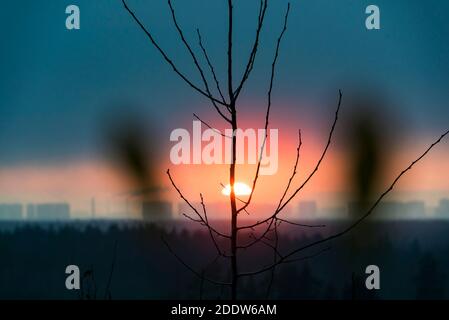 Die Sonne untergeht hinter den Häusern der Stadt. Leningrad. Stockfoto