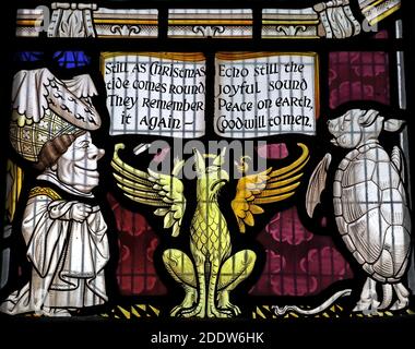 Lewis Carroll Fenster, alle Heiligen, Daresbury Village, Warrington, Cheshire, Mock Turtle, der Gryphon, noch als weihnachtszeit Flut Kommt rund Stockfoto