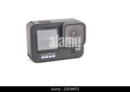 Moskau, Russland - 20. November 2020: Neue Flaggschiff-Action-Kamera gopro Hero 9 isoliert Stockfoto