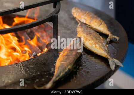 Prozess des Grillens Makrelenfisch auf schwarzem Brazier auf Food Festival: Close up Stockfoto