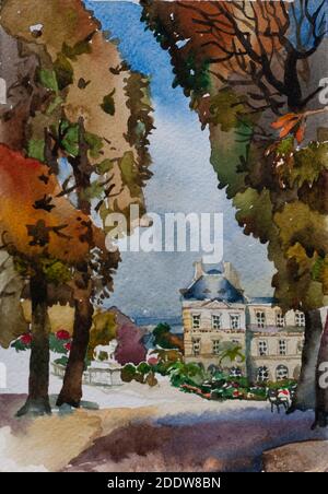 Hauptallee in Luxemburg Jargin Park mit Kastanienbäumen in der Herbstsaison und Palast, original Aquarell Illustration Gemälde in Paris, Frankreich Stockfoto