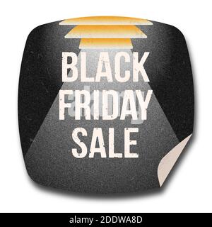 Black Friday Sale Aufkleber Label isoliert auf Weiß mit Text, Lampe ein Projektor Strahlen Beleuchtung, Retro flat style Design, Modder Stilisierung mit Stipple Stockfoto