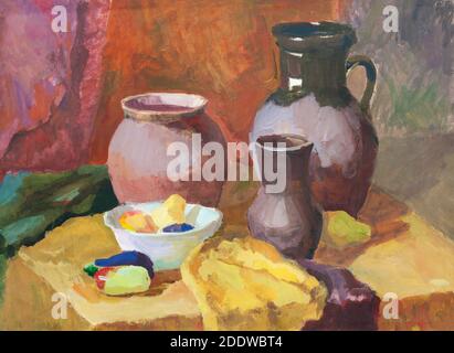 Stillleben mit Tonkeramik und Gemüse Gouache Malerei Stockfoto