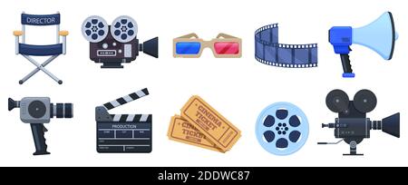 Kinosymbole. Eintrittskarten für Kino- oder Kinematographie, Kamera und Filmpremiere. Filmproduktion isolierte Vektor-Illustration-Set Stock Vektor