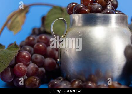 Frische Traubenfrüchte und Beeren. Blauer Hintergrund . Zutat für Säfte und Wein. Traubenbeeren in Aluminium. Stockfoto