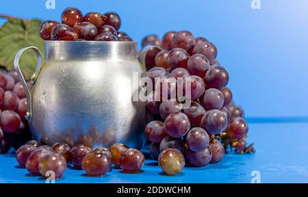 Traubenfrüchte. Zutat für Säfte und Wein. Traubenbeeren in Aluminiumbehälter. Blauer Hintergrund. Menschliche Nahrung Stockfoto