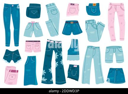 Jeans-Kleidung. Jeans-Hosen, Shorts und Rock, blaue Jeans Unisex-Bekleidung. Stilvolle legere Denim Kleidungsstücke Vektor Illustration Set Stock Vektor