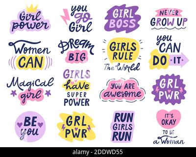 „Girl Power“-Schriftzüge. Motivierende feministische Zitate, handgezeichnete inspirierende Mädchen Power Lettering Sticker. Feministische Slogans Vektor-Illustrationen Stock Vektor