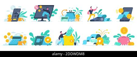 Online-Banking-Dienste. Digitale Banktransaktion, mobile Finanzdienste, Online-Rechnung e Banking Zahlung und Einlagen Vektor Illustration Set Stock Vektor