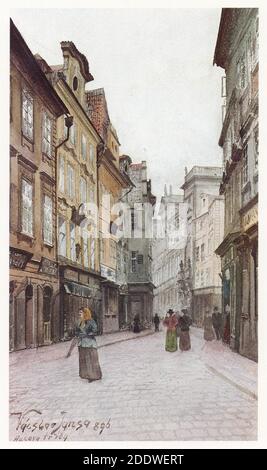 Husova Straße in Staré Město (Altstadt) in Prag dargestellt in der Aquarell-Gemälde des tschechischen Malers Václav Jansa (1896) aus seinem Zyklus Old Prague (Stará Praha) von der Prager Magistrat bestellt und veröffentlicht in den Anfang des 20. Jahrhunderts von tschechischen Verleger Bedřich Kočí. Stockfoto