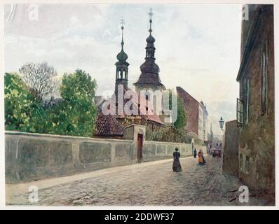 Kirche der Heiligen Dreifaltigkeit (Kostel Nejsvětější trojice) in Podskalí in Nové Město (Neustadt) in Prag dargestellt in dem Aquarell des tschechischen Malers Václav Jansa aus dem Ende des 19. Jahrhunderts aus seinem Zyklus Alt Prag (Stará Praha) Im Auftrag des Prager Magistrats und Anfang des 20. Jahrhunderts vom tschechischen Verlag Bedřich Kočí veröffentlicht. Stockfoto