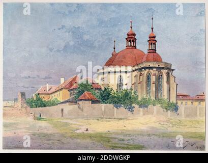 Kirche der Himmelfahrt der Jungfrau Maria und des Heiligen Karl des Großen (Kostel Nanebevzetí Panny Marie a svatého Karla Velikého) im Karlov-Gebiet in Nové Město (Neustadt) in Prag dargestellt auf dem Aquarell des tschechischen Malers Václav Jansa (1900) aus seinem Zyklus Alt-Prag (Stará Praha) Im Auftrag des Prager Magistrats und Anfang des 20. Jahrhunderts vom tschechischen Verlag Bedřich Kočí veröffentlicht. Stockfoto