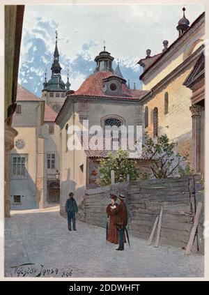 Jiřská Straße in der Prager Burg in Hradčany in Prag dargestellt in der Aquarellmalerei des tschechischen Malers Václav Jansa (1896) aus seinem Zyklus Old Prague (Stará Praha) von der Prager Magistrat bestellt und veröffentlicht in den Anfang des 20. Jahrhunderts von tschechischen Verleger Bedřich Kočí. Die Südfassade der St. Georgs Basilika (Bazilika svatého Jiří) ist rechts zu sehen und die St. Vitus Kathedrale ist im Hintergrund zu sehen. Stockfoto