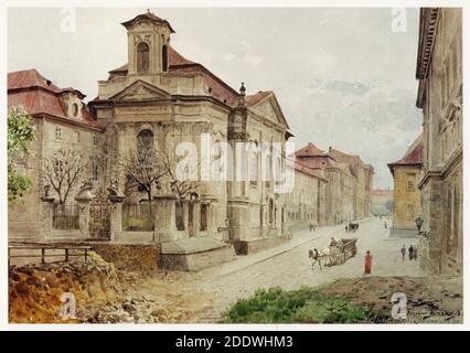 Kirche des Heiligen Karl Borromeo (Kostel svatého Karla Boromejského) in der Resslova Straße in Nové Město (Neustadt) in Prag dargestellt auf dem Aquarell des tschechischen Malers Václav Jansa (1895) aus seinem Zyklus Alt Prag (Stará Praha) Im Auftrag des Prager Magistrats und Anfang des 20. Jahrhunderts vom tschechischen Verlag Bedřich Kočí veröffentlicht. Die Kirche dient heute als die orthodoxe Kathedrale der Heiligen Kyrill und Methodius. Stockfoto