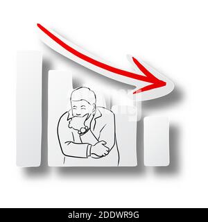 Vektor-Illustration schwarze Linie Hand gezeichnet von depressiven afrikanischen Geschäftsmann Und rote Grafik geht nach unten auf geschnittenes Papier mit Schatten Isoliert auf weißem Backgro Stock Vektor