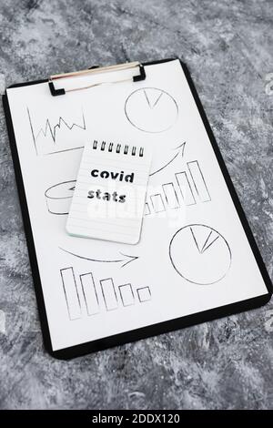 Leben nach der covid-19 Virus Pandemie konzeptuelles Bild, Zwischenablage mit Grafik und Covid Stats Text Stockfoto Leben nach der covid-19 Virus Pandemie konzeptuelles Bild, Zwischenablage mit Grafik und Covid Stats Text Stockfoto