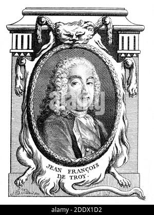 1750 , Paris , FRANKREICH : der französische Rococò Maler Jean-François DE TROY ( 1679 - 1752 ) . Porträt von unbekannten Graveur, veröffentlicht in 1762. - Jean Fronçois - ROKOKO - KUNST - ARTI VISIVE - ARTE - Francia - PORTRAIT - RITRATTO - Inzisione - Gravur - Illustration - GESCHICHTE - FOTO STORICHE Perücke - Parrucca - BAROCCO - PITTORE - PITTURA --- Archivio GBB Stockfoto