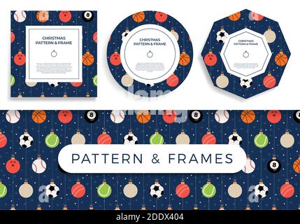 Sport Weihnachten nahtlose Muster und Rahmen. Weihnachtsmuster mit Sport Baseball, Basketball, Fußball, Tennis, Cricket, Fußball, Volleyball, Bowling, Stock Vektor
