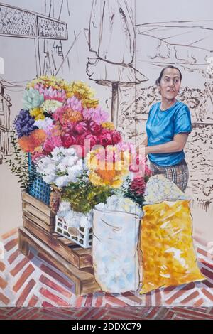 Ein Wandgemälde an der Ong Ang Walking Street entlang Klong Ong und in der Chinatown / Phahurat Gegend von Bangkok, Thailand, zeigt einen Blumenhändler Stockfoto