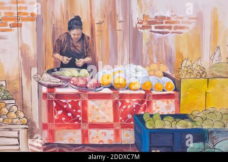 Ein Wandgemälde an der Ong Ang Walking Street entlang Klong Ong und in der Chinatown / Phahurat Gegend von Bangkok, Thailand, zeigt einen Obsthändler Stockfoto