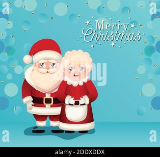 weihnachtsmann und Frau weihnachtsmann mit fröhlichen weihnachtsbuchstaben Stock Vektor