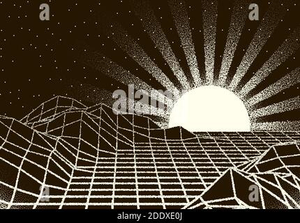 Retro-Dotwork-Landschaft mit 80er-Jahre-Stil Sonnenstrahlen, Laser-Gitter und Sterne Hintergrund aus alten Sci-Fi-Buch oder Poster Stock Vektor