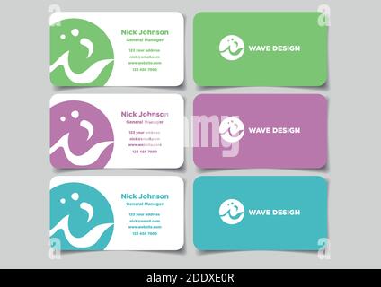 Visitenkarten-Design mit kreisförmigem Firmenlogo. Satz von drei Vektor-Illustration von Modell in Vorder-und Rückansicht isoliert auf einfachem Hintergrund. Stock Vektor