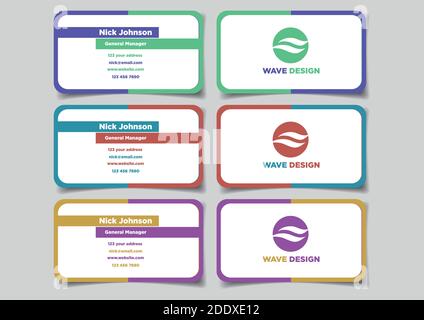 Drei Vektorgrafiken von einfachen minimalistischen Designs für Visitenkarten. Vorder- und Rückansicht mit Farbvariation isoliert auf einfarbigem Rücken Stock Vektor